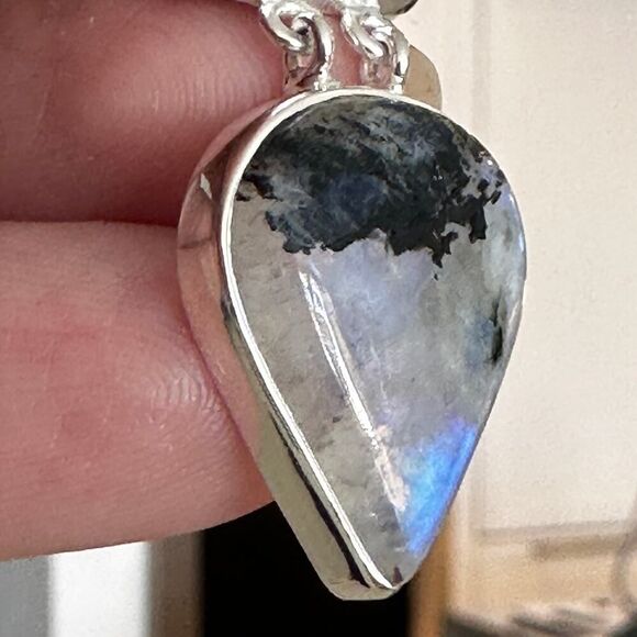 Natural Black Tourmaline In Rainbow Moonstone Sterling Silver Pendant - Picture 5 of 13